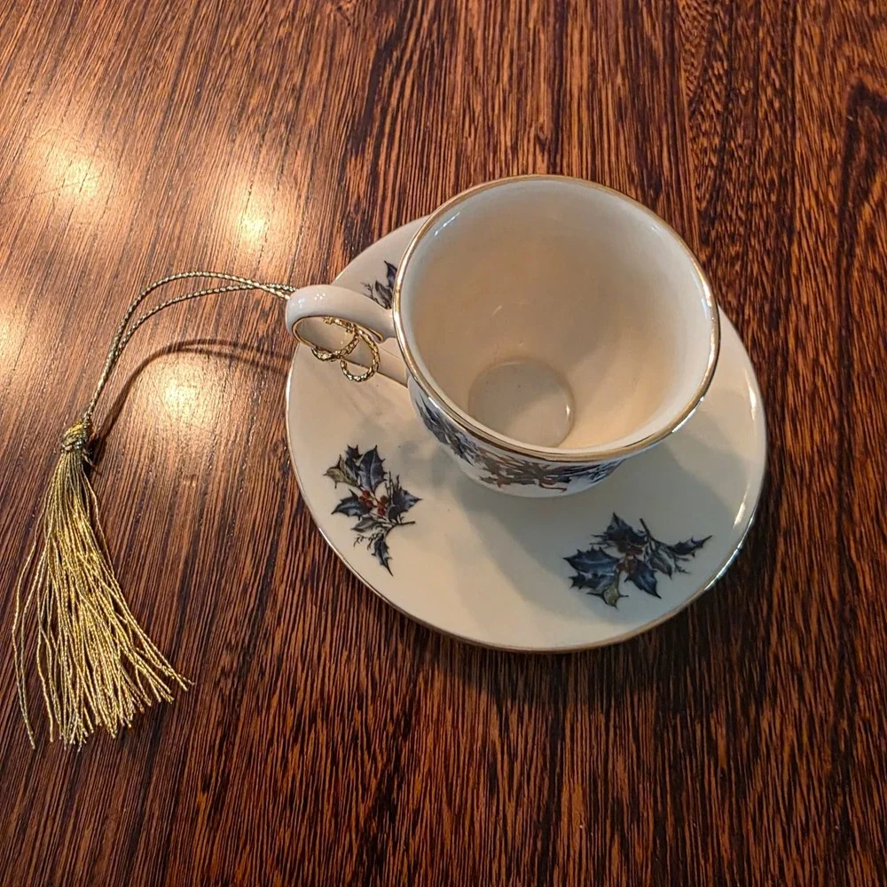 Lenox Winter Greetings Miniature Teacup Saucer Ornament Catherine McClung Gold